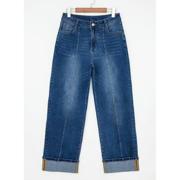 High Waisted Wide Leg Stretch Denim Jeans with Cuffed Hem & Pockets - Picture 6 of 8